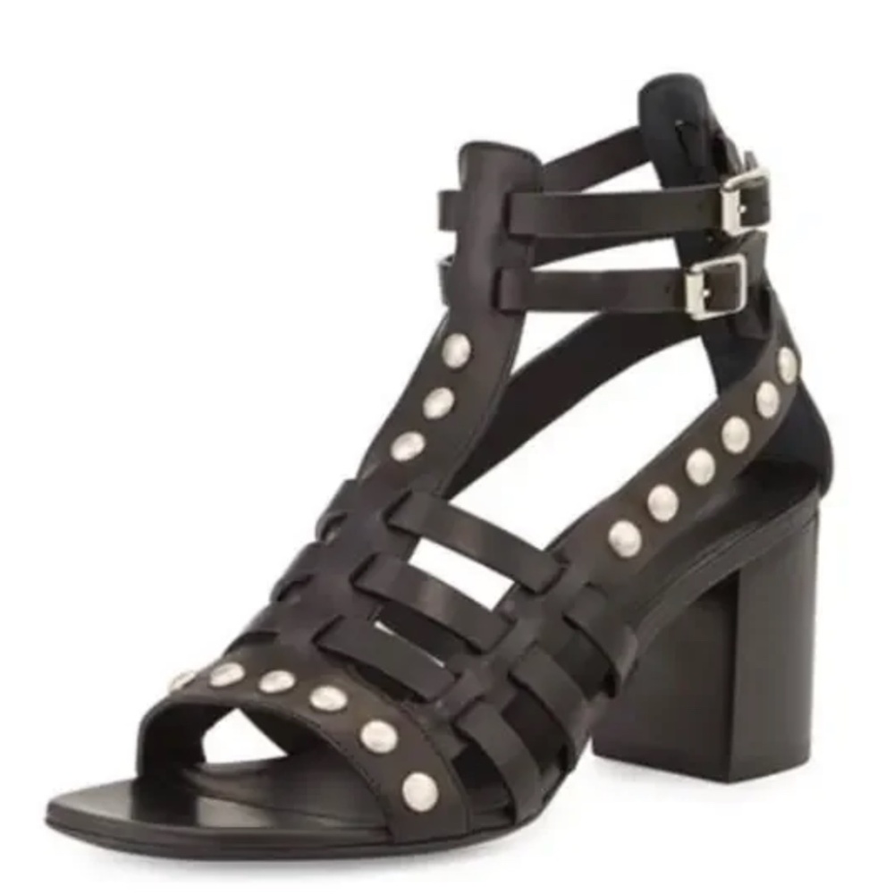 YSL Saint Laurent Calfskin Stud Block Heel Gladiator Sandals Black 37 / US 7
